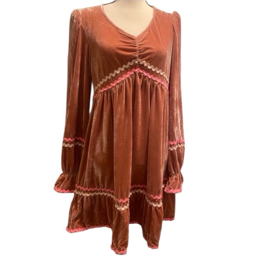 Easel Women’s Velvet Hippie Vintage Long Sleeve Oversized Ric Rac Mauve New S/M